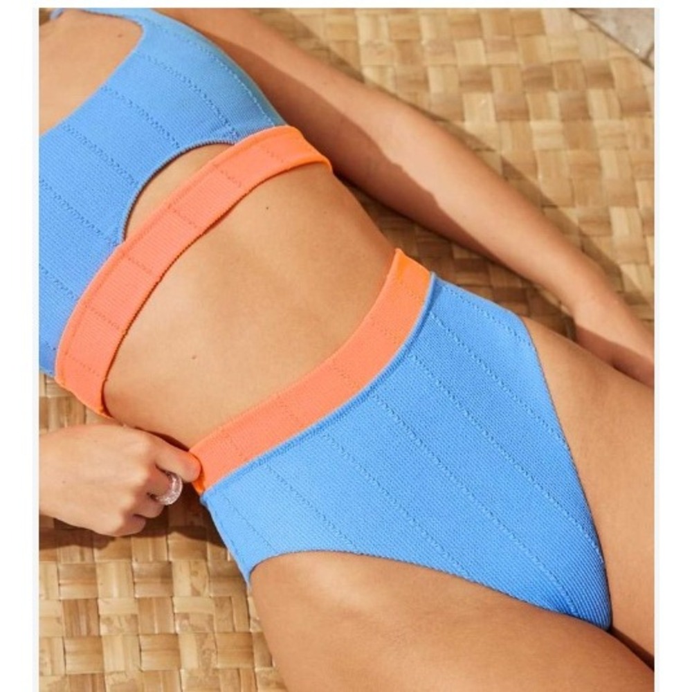 Aerie Crinkle Cut Out Scoop Blue Orange Ribbed Bikini Set Top S Bottom L Cheeky